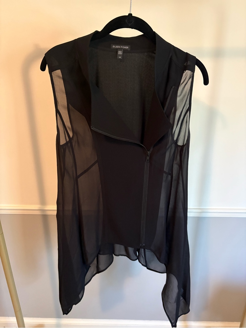 EILEEN FISHER Black Sheer Asymmetrical Zip Vest
